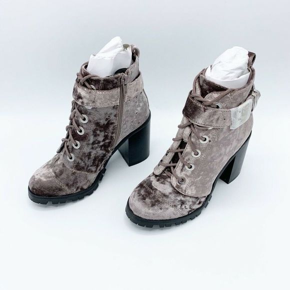 Qupid Velvet Ankle Boots Block Heel Lace Up Buckle - Picture 3 of 8